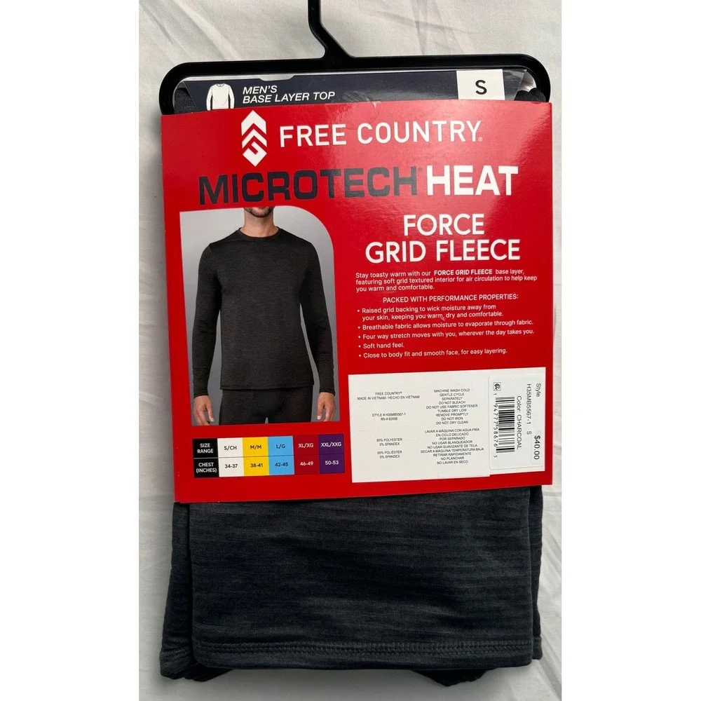 Free Country Mens Microtech Heat Force Grid Fleece Base Layer Top Charcoal S